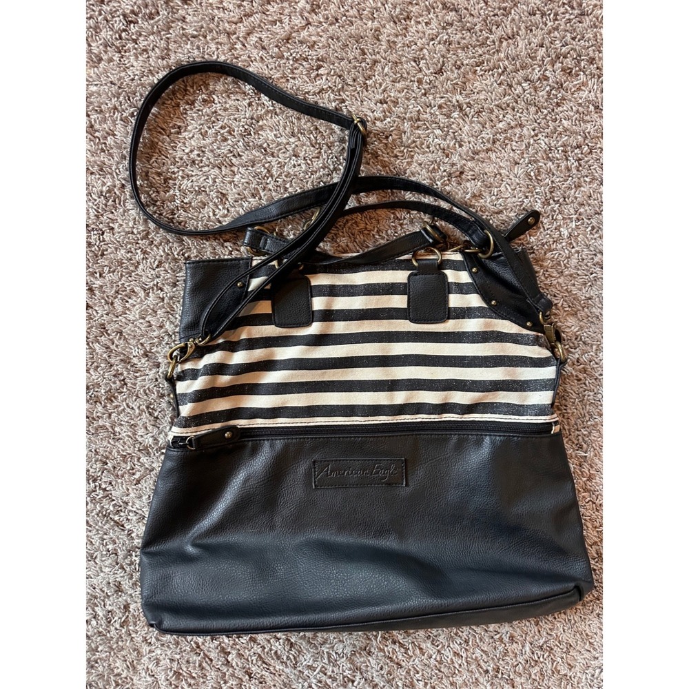 American Eagle Black Striped Canvas Faux Leather Tote Crossbody Bag Nautical
